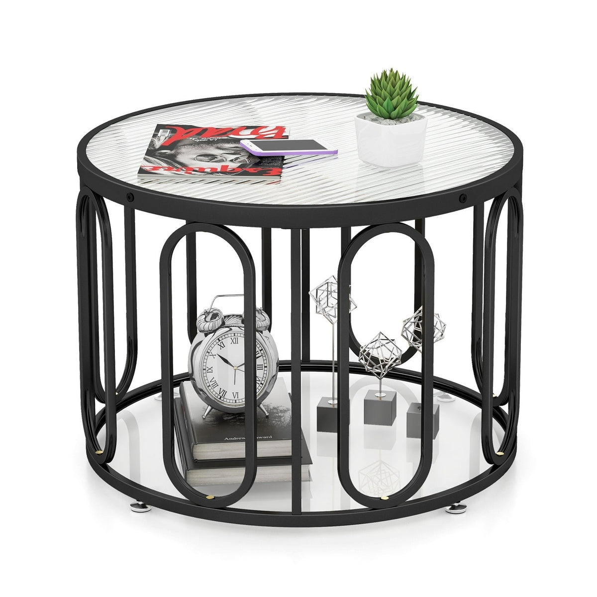 24 Inch Round Coffee Table with Reeded Tempered Glass Top and Swivel Brackets, Black