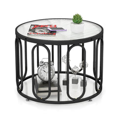 24 Inch Round Coffee Table with Reeded Tempered Glass Top and Swivel Brackets, Black