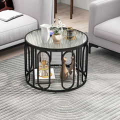 24 Inch Round Coffee Table with Reeded Tempered Glass Top and Swivel Brackets, Black