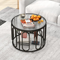 24 Inch Round Coffee Table with Reeded Tempered Glass Top and Swivel Brackets, Black