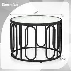 24 Inch Round Coffee Table with Reeded Tempered Glass Top and Swivel Brackets, Black