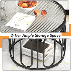 24 Inch Round Coffee Table with Reeded Tempered Glass Top and Swivel Brackets, Black