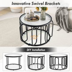 24 Inch Round Coffee Table with Reeded Tempered Glass Top and Swivel Brackets, Black