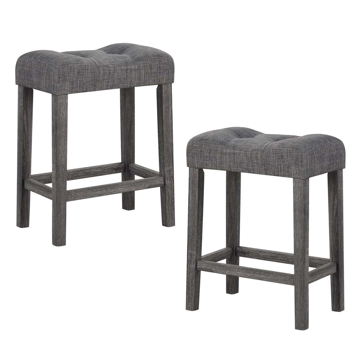 Set of 2 Saddle Bar Stools with Grey Linen Tufted Seat, 24 Inch Seat Height, 4.5 Inch Cushion