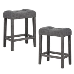 Set of 2 Saddle Bar Stools with Grey Linen Tufted Seat, 24 Inch Seat Height, 4.5 Inch Cushion