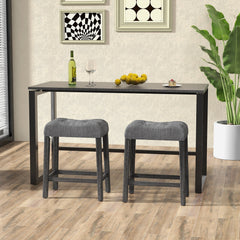 Set of 2 Saddle Bar Stools with Grey Linen Tufted Seat, 24 Inch Seat Height, 4.5 Inch Cushion