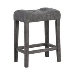 Set of 2 Saddle Bar Stools with Grey Linen Tufted Seat, 24 Inch Seat Height, 4.5 Inch Cushion