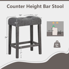 Set of 2 Saddle Bar Stools with Grey Linen Tufted Seat, 24 Inch Seat Height, 4.5 Inch Cushion
