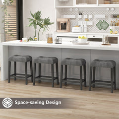 Set of 2 Saddle Bar Stools with Grey Linen Tufted Seat, 24 Inch Seat Height, 4.5 Inch Cushion