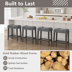 Set of 2 Saddle Bar Stools with Grey Linen Tufted Seat, 24 Inch Seat Height, 4.5 Inch Cushion