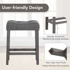 Set of 2 Saddle Bar Stools with Grey Linen Tufted Seat, 24 Inch Seat Height, 4.5 Inch Cushion
