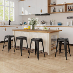 Set of 4 Stackable Metal Counter Stools in Black, 24 Inch Seat Height, Backless with Handle Slot