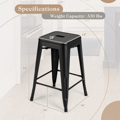 Set of 4 Stackable Metal Counter Stools in Black, 24 Inch Seat Height, Backless with Handle Slot