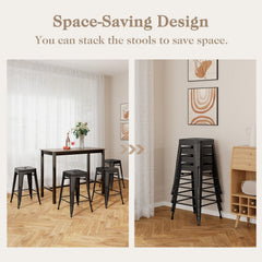 Set of 4 Stackable Metal Counter Stools in Black, 24 Inch Seat Height, Backless with Handle Slot