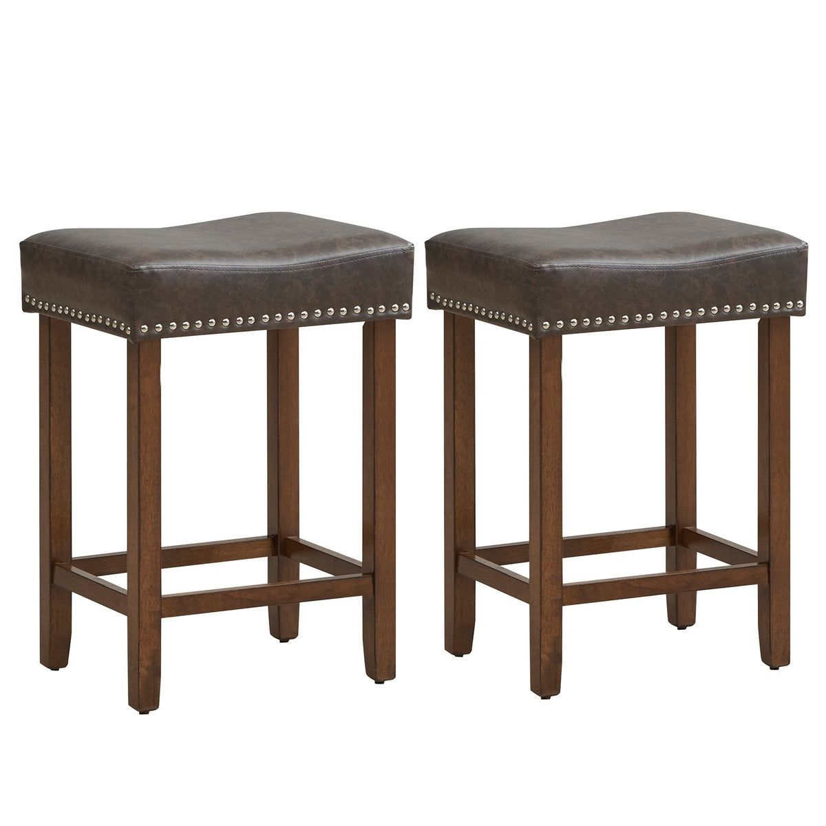 Set of 2 Backless Saddle Counter Stools in Grey Faux Leather with Rivet Trim, 24 Inch Seat Height