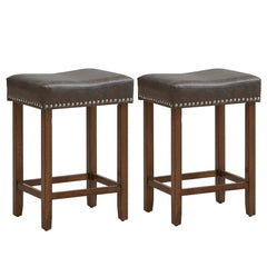 Set of 2 Backless Saddle Counter Stools in Grey Faux Leather with Rivet Trim, 24 Inch Seat Height