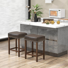 Set of 2 Backless Saddle Counter Stools in Grey Faux Leather with Rivet Trim, 24 Inch Seat Height