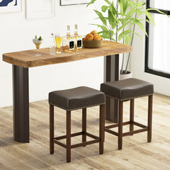 Set of 2 Backless Saddle Counter Stools in Grey Faux Leather with Rivet Trim, 24 Inch Seat Height
