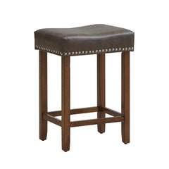 Set of 2 Backless Saddle Counter Stools in Grey Faux Leather with Rivet Trim, 24 Inch Seat Height