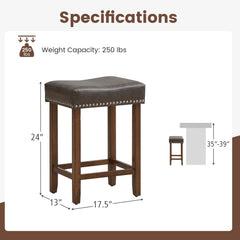 Set of 2 Backless Saddle Counter Stools in Grey Faux Leather with Rivet Trim, 24 Inch Seat Height