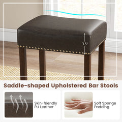 Set of 2 Backless Saddle Counter Stools in Grey Faux Leather with Rivet Trim, 24 Inch Seat Height