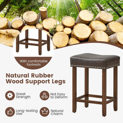 Set of 2 Backless Saddle Counter Stools in Grey Faux Leather with Rivet Trim, 24 Inch Seat Height
