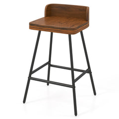 Industrial Rubber Wood Counter Stool with Low Back and Black Metal Legs, 24 Inch Seat Height