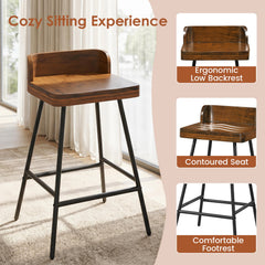 Industrial Rubber Wood Counter Stool with Low Back and Black Metal Legs, 24 Inch Seat Height