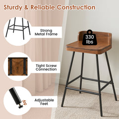 Industrial Rubber Wood Counter Stool with Low Back and Black Metal Legs, 24 Inch Seat Height