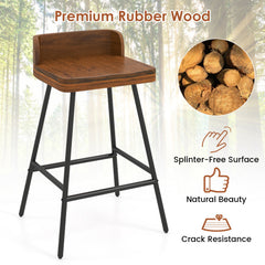 Industrial Rubber Wood Counter Stool with Low Back and Black Metal Legs, 24 Inch Seat Height