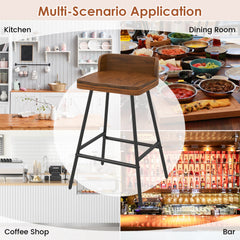 Industrial Rubber Wood Counter Stool with Low Back and Black Metal Legs, 24 Inch Seat Height