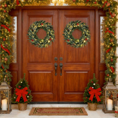 24” Pre-lit Christmas Wreath Set of 2 Front Door Artificial Xmas Wreath with 90 Frosted Branch Tips