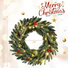 24” Pre-lit Christmas Wreath Set of 2 Front Door Artificial Xmas Wreath with 90 Frosted Branch Tips
