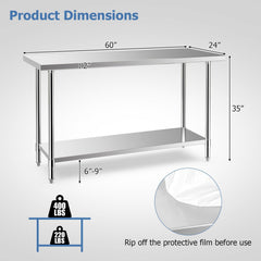 24 x 60 Inches Stainless Steel Kitchen Prep Work Table with Adjustable Undershelf
