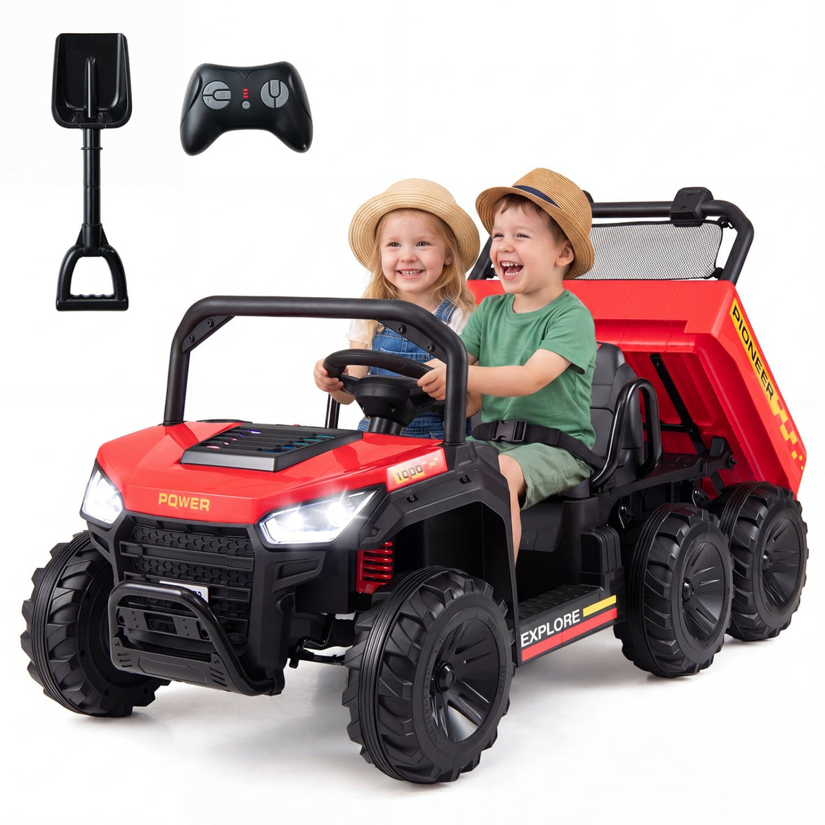 24V 4WD 2 Seater Kids Ride On Dump Truck with Four 35W Motors, Damping Suspension and Soft Start, 110 lb, Red