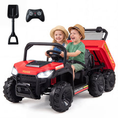 24V 4WD 2 Seater Kids Ride On Dump Truck with Four 35W Motors, Damping Suspension and Soft Start, 110 lb, Red