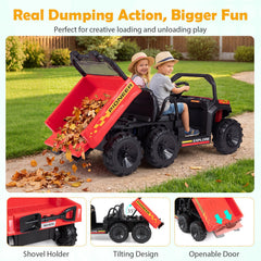 24V 4WD 2 Seater Kids Ride On Dump Truck with Four 35W Motors, Damping Suspension and Soft Start, 110 lb, Red