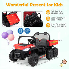 24V 4WD 2 Seater Kids Ride On Dump Truck with Four 35W Motors, Damping Suspension and Soft Start, 110 lb, Red