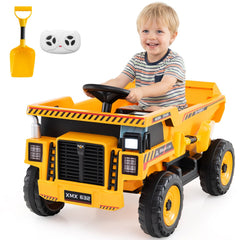 24V Kids Ride On Construction Dump Truck with Tilting Bed, Shovel and Holder, Parent Remote and Belt, 66 lb, Yellow