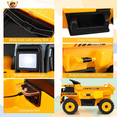 24V Kids Ride On Construction Dump Truck with Tilting Bed, Shovel and Holder, Parent Remote and Belt, 66 lb, Yellow