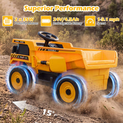 24V Kids Ride On Construction Dump Truck with Tilting Bed, Shovel and Holder, Parent Remote and Belt, 66 lb, Yellow