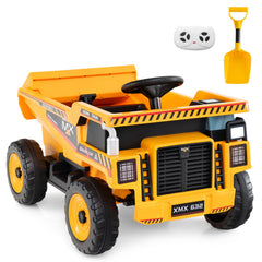 24V Kids Ride On Construction Dump Truck with Tilting Bed, Shovel and Holder, Parent Remote and Belt, 66 lb, Yellow