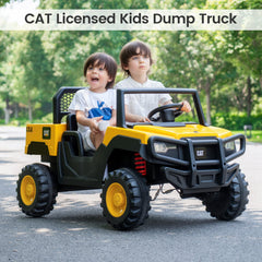 24V Licensed Caterpillar 2 Seater Kids Ride On Dump Truck with 110 lb Load, Four 100W Motors and Shovel, Yellow