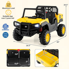 24V Licensed Caterpillar 2 Seater Kids Ride On Dump Truck with 110 lb Load, Four 100W Motors and Shovel, Yellow