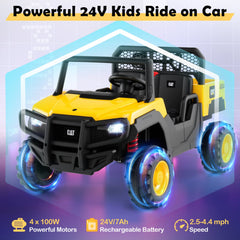 24V Licensed Caterpillar 2 Seater Kids Ride On Dump Truck with 110 lb Load, Four 100W Motors and Shovel, Yellow