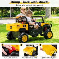 24V Licensed Caterpillar 2 Seater Kids Ride On Dump Truck with 110 lb Load, Four 100W Motors and Shovel, Yellow