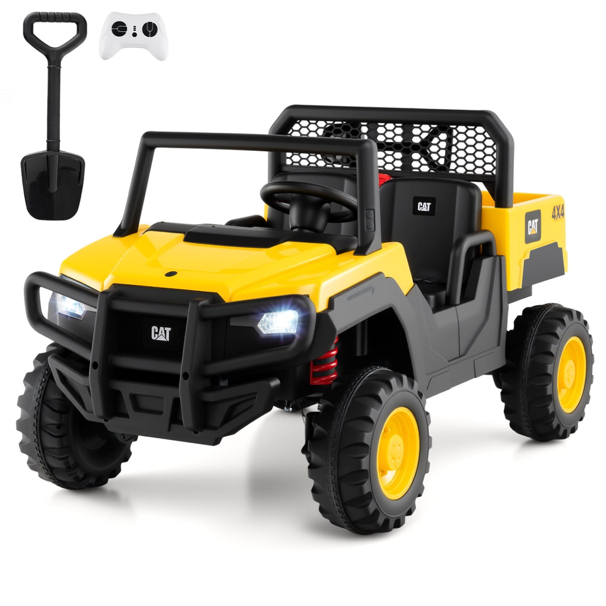 24V Licensed Caterpillar 2 Seater Kids Ride On Dump Truck with 110 lb Load, Four 100W Motors and Shovel, Yellow