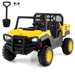 24V Licensed Caterpillar 2 Seater Kids Ride On Dump Truck with 110 lb Load, Four 100W Motors and Shovel, Yellow