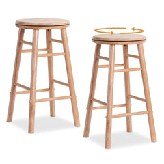 Set of 2 Swivel Counter Stools in Natural Rubber Wood with Crossbars, 24 Inch Seat Height