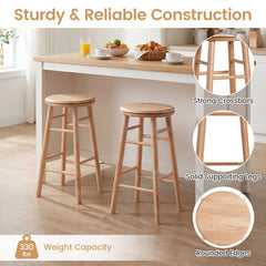 Set of 2 Swivel Counter Stools in Natural Rubber Wood with Crossbars, 24 Inch Seat Height